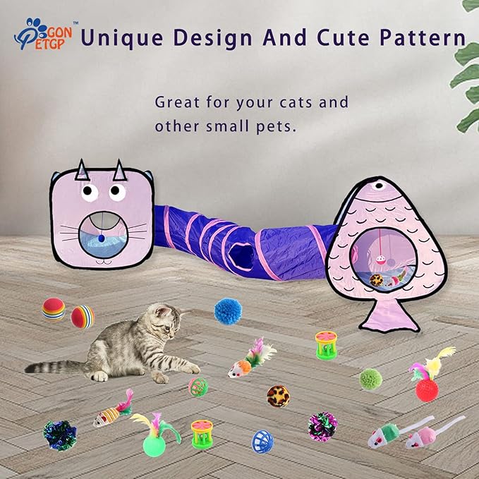 Cat Toys for Indoor Cats, 23 PCS Kitten Toys Set, Collapsible Pet Tunnel Cube Tent Toys, Interactive Cat Feather Teaser Wand Cat Bell Balls Fuzzy Ball Springs Mouse Toys for Cat Kitty