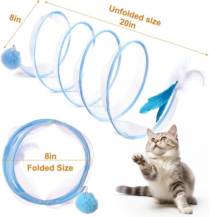 Mity rain Cat Tunnels for Indoor Cats，S Type Foldable Cat Tunnel Toy,Decompression Interactive Cat Springs Toys with Cat Ribbon/Bell/Feather/Pom pom Balls Blue