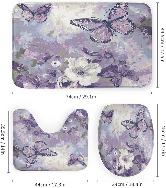 Brebasf Abstract Beautiful Animal Butterfly Shower Curtain Set Bathroom Set Decorative Minimal Rustic Watercolor Boho Purple Floral Butterfly 4 Piece Shower Curtain, Toilet Cover, U-Mat, Floor Mat