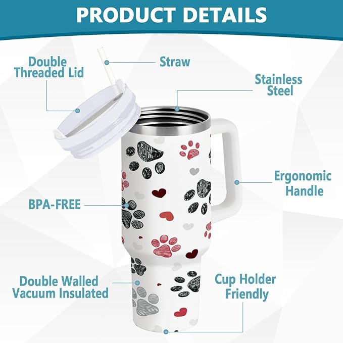 Boccsty Black Red Dog Paw Prints Hearts Insulated Tumblers Reusable Stainless Steel Tumbler 40 oz Cup Coffee Travel Mug Water Bottle with Handle & Flip Straw for Home Office Car