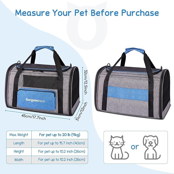 BurgeonNest Cat Carriers for Small Cats Under 15, Medium Puppy Under 25 lbs Large Pet 20 lbs Soft Sided Pet Carrier with Unique Side Bag (Medium, Grey)