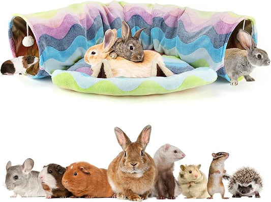 BWOGUE Bunny Tunnel Bed, 2-in-1 Collapsible Tunnel Tubes Toys with Removable Mat Hideout for Cats Kittens Rabbits Guinea Pigs Kitty