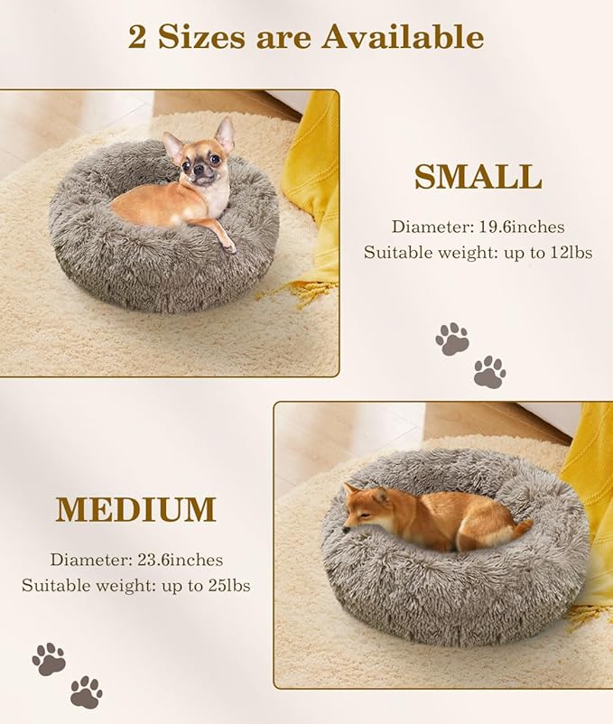 Round Dog Bed for Small Dogs, Donut Cuddler Plush Cat Calming Bed with Machine Washable, Non-Slip Fluffy Dog & Cat Calming Cushion Bed for Joint-Relief and Sleep Improvement, M Size, Khaki