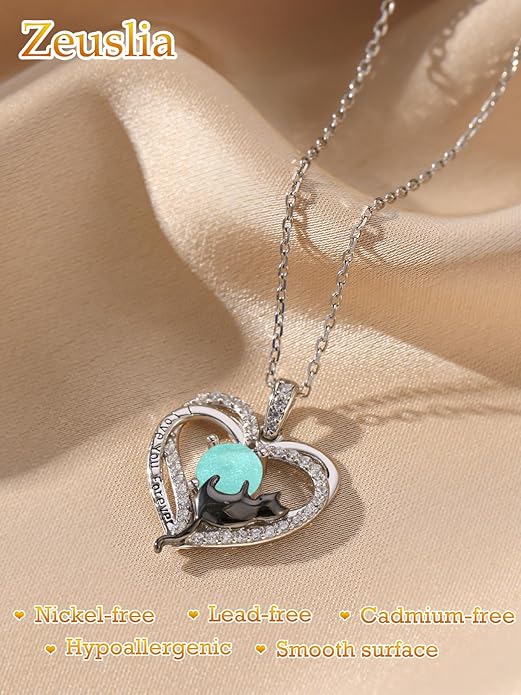 Birthstone Cat Necklaces,925 Sterling Silver Cat Necklace Heart Pendant for Women,Dainty Animal Jewelry for Her,Wedding Anniversary Birthday Gifts for Women Mom Grandma