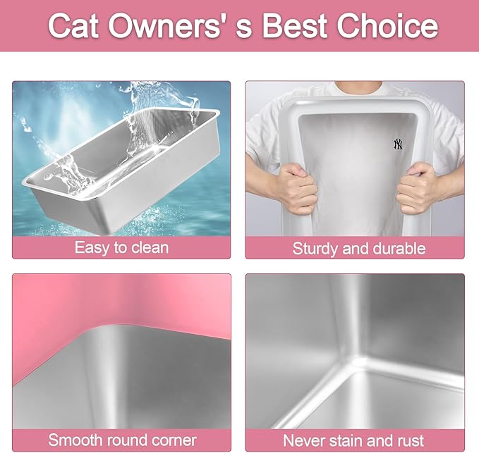 2 Pack XL Stainless Steel Litter Box Enclosure, Stainless Steel Cat Litter Pan for Big Cats, Large Metal Litter Box with Anti-Leakage High Wall, Non-Sticky Easy Cleaning Cat Litter Tray