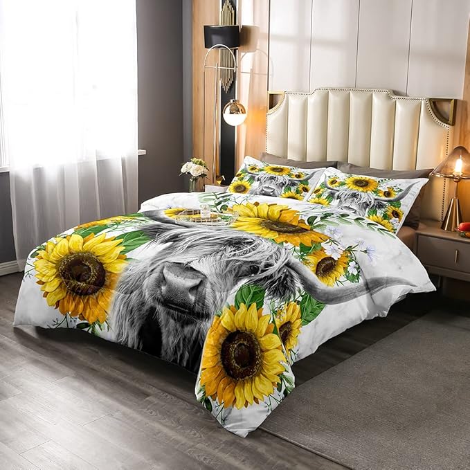 Highland Cow Comforter Set Full Sunflowers Art Down Comforter Rustic Bull Cattle Bedding Set For Kids Boys Girls Adult Farmhouse Western Funny Animal Wild Theme Duvet Set Grey Marble Comforter