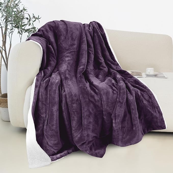 Elegant Comfort Reversible and Ultra-Plush Flannel Fleece Sherpa Throw- Lightweight Soft and Cozy- All Season Decorative Throw, Perfect for Lounging, 50 x 60 inches, Purple