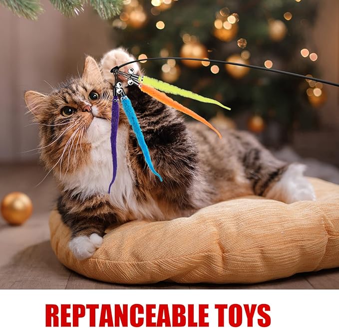 cobee 12pcs Cat Worm Toy Refills, Cat Wand Toy Replacement Refills Furry Tail Worm with Bells Assorted Cat Interactive Toy Refills with Bell for Cat Kitten Worm Refills Attachment for Cat Wand