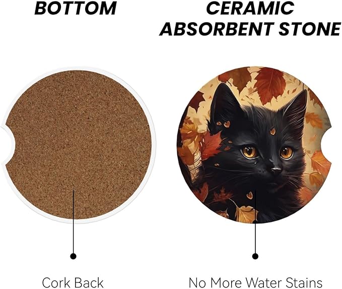 Absorbent Ceramic Car Coasters for Cup Holders, Black Cat Fall Leaf Design 2.56" Anti Slip Universal Drink Cup Coasters for Women Men (2 Pack)