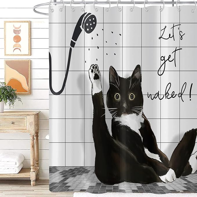 Black Cat Extra Long Shower Curtain, Funny Kitty Animal Get Naked Plaid Machine Washable Waterproof Durable Fabric for Bathroom Decor Bathtub with 12 Hooks 72Wx84H