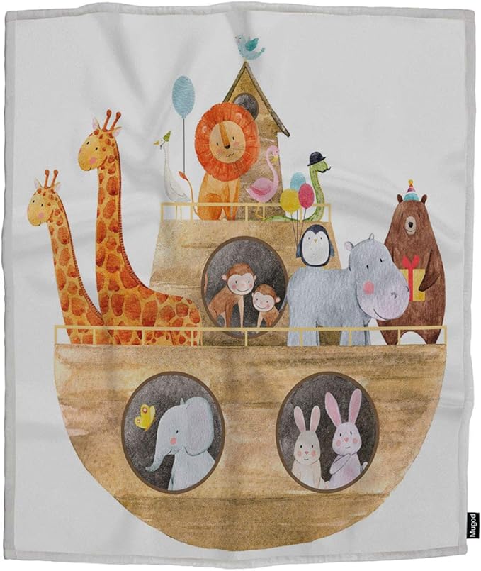 Mugod Ship with Animals Throw Blanket Children's Watercolor Illustration of a Cute Noah's Ark with Animals Decorative Soft Warm Cozy Flannel Plush Throws Blankets for Baby Toddler Dog Cat 30 X 40 Inch