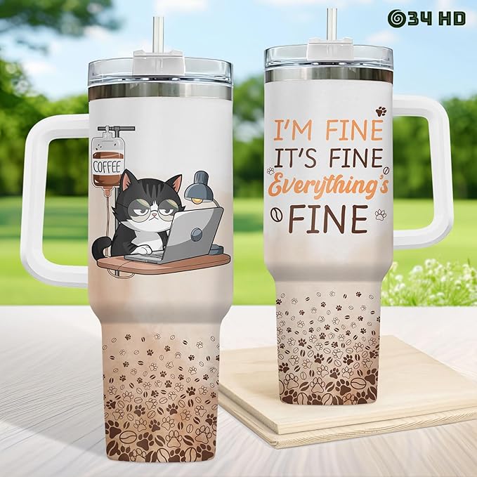 34HD Tuxedo Cat Tumbler 40oz Stainless Steel with Handle and Straw, It's Fine I'm Fine Mug, Funny Cat Travel Mug, Mothers Day Gifts for Tuxedo Mom