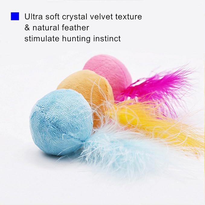 Furry Rattle Ball Cat Toy with Feather and Catnip - Interactive Pom Pom Balls for Cats, Soft and Lightweight, 2 Inch, 6 Pack.