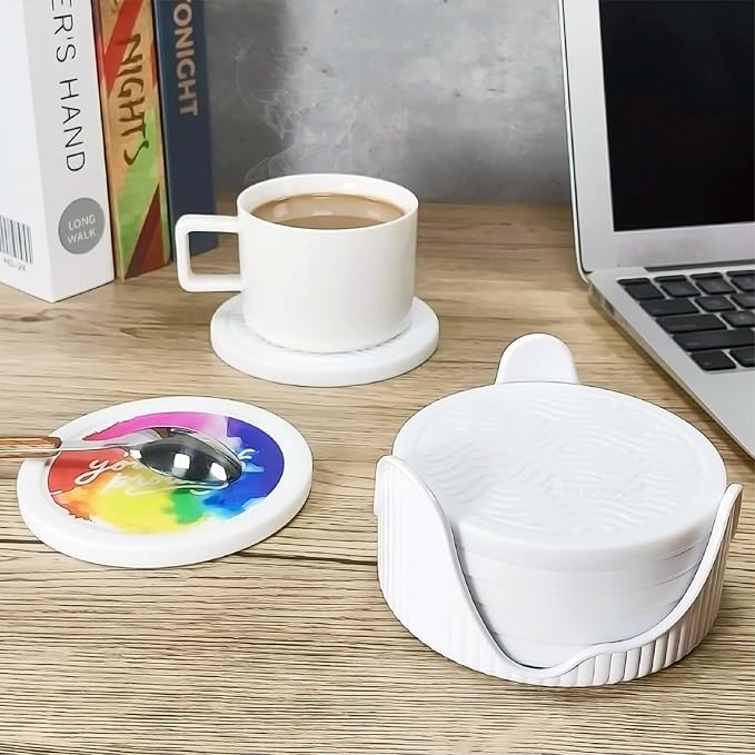 6-Pack Waterpaint Greeting Silicone Coasters with Deep Tray Holder - Double-Sided Drink Coasters - Beverage Mats for Hot or Cold Drinks - Thick, Non-Slip, Non-Stick Silicone with Ceramic Insert