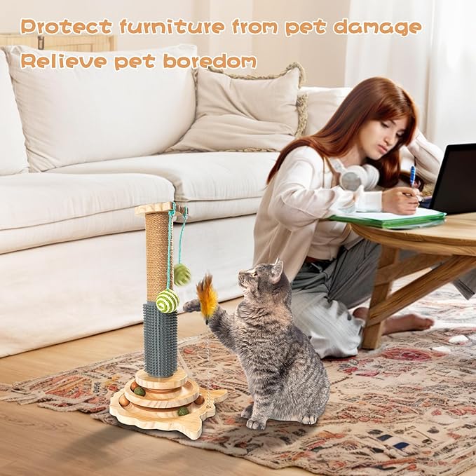 TONY HOBY Cat Scratching Post, Sisal Scratching Poles with 2 Hanging Balls, Cat Interactive Toy with Tickle Stick for Small Medium Cat (18 in, Beige)