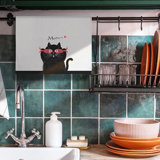 Fun Kitchen Towels,Cat Kitchen Towels,Cat Dish Towels,Cat Towels,Cat Hand Towel,Decorative Towels for Bathroom,Black Cat Gifts,Cat Kitchen Accessories,Black Cat Decor,Black Cat Gifts for Women