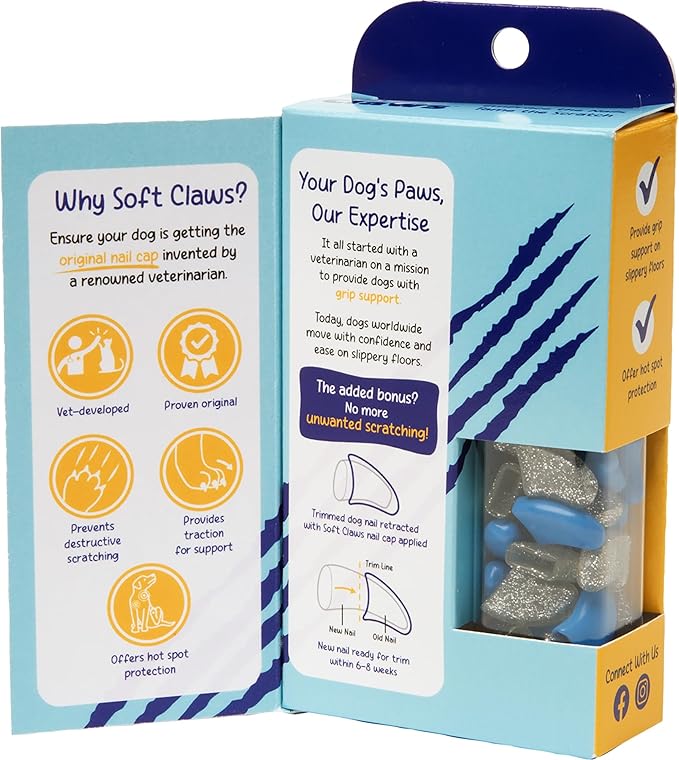 Soft Claws Nail Caps for Dogs with Non-Slip Design Made in USA - 40 Dog Nail Covers for Long-Lasting Protection of Floors and Furniture - Blue & Silver Sparkle, XXL