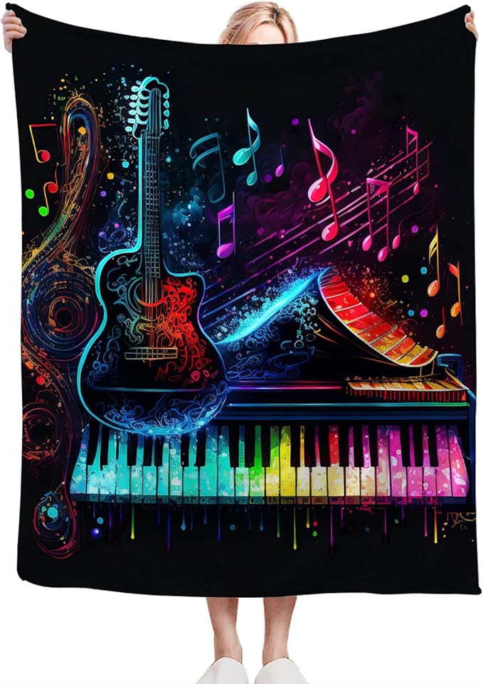 Colorful Guitar Blanket Ultra Soft Cozy Music Note Piano Throw Blanket Fleece Fuzzy Plush Bedding Rock Musical Instrument Gifts for Women Girls Kids Adults 60"x50"