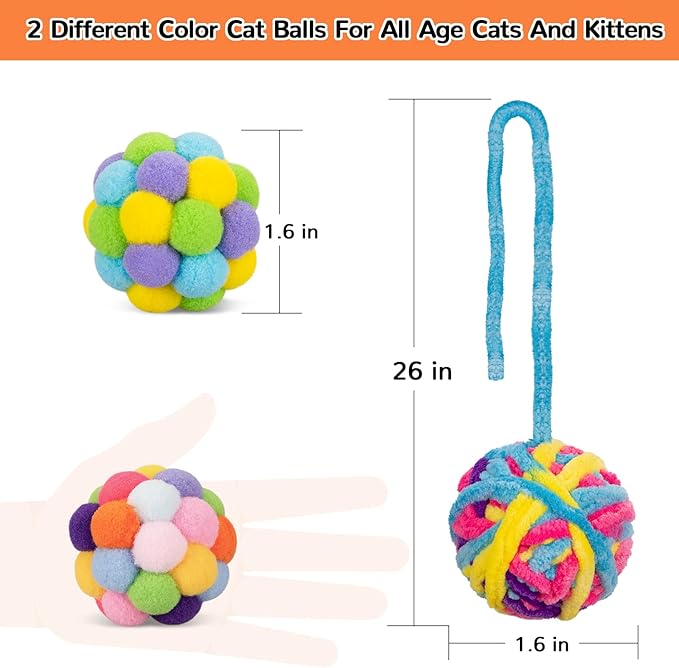 Retro Shaw Interactive Cat Toys for Indoor Cats Kittens,6 Pcs Cat Toy Balls with Bell Inside,Woolen Yarn Ball Kitten Toys for Bored Cats Pastime,Kitty Toys Fuzzy Ball with String