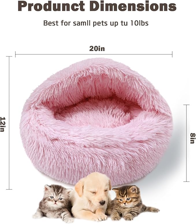 Cat Bed Calming Cat Beds,Indoor Washable Cat Bed，Anti-Slip Faux Fur Fluffy Cuddler Anxiety Cat Bed,Warming Cuddler Cushion Bed for Small Medium Dogs and Cats (Pale Pink, 20 * 20inch)