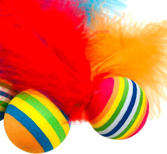 PET SHOW Pack of 5pcs 1.4” Cat Toys Balls Soft EVA Foam with Feathers Colorful Rainbow Toy Balls Interactive Kitten Cats Small Dogs Puppies Doggies Quiet Indoor Outdoor Play Activity Chase Training
