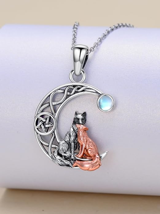 Black Cat/Dragon/Fox/Wolf Necklace 925 Sterling Silver Celtic Moon Pentagram Pendant Gothic Jewelry Goth Halloween Gifts for Women