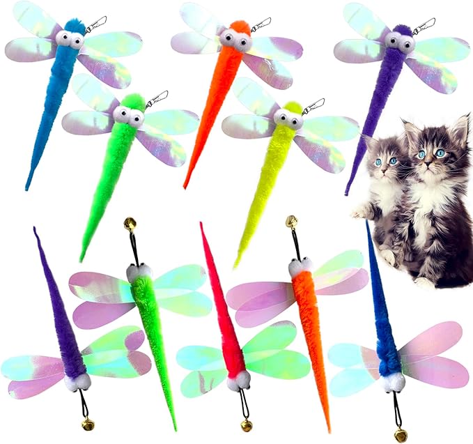 AcceLeah Cat Worm Toy Refills Cats Teaser Toys Cat Wand Refill Wand Replacement,Cat Worms and Dragonfly Refill,Cat Wand Toy Assorted Teaser Refills with Bell (10 Pcs Dragonfly Set)