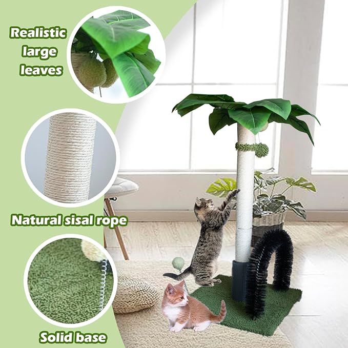 29.5" Tall Cat Scratching Post, Natural Sisal Scratching Posts with Self Groomer for Indoor Large Cats Kitten Scratch Posts with Hanging Ball and Spring Ball for Adult Cats Kittens Kitty(Green)