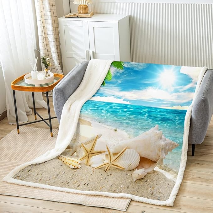 Erosebridal Beach Themed Blanket Blue Ocean Throw Blanket for Bed Couch Seashell Starfish Printed Fleece Blanket Twin Size Beach Coastal Sherpa Blanket for Kids Teens Adults,Soft