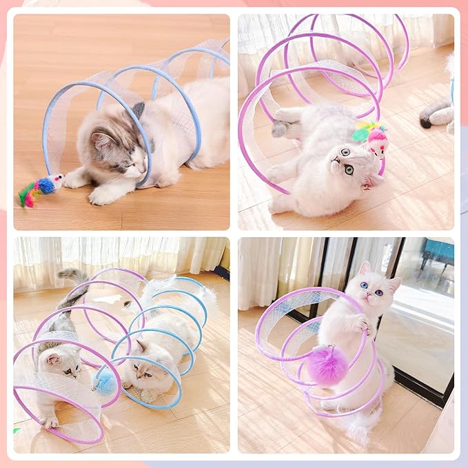 Andiker Folded Cat Tunnel Spring Toy, 10inch Spiral Cat Tunnels Toy with White Feather&Plush Mice&Bell 3 in 1 Folded Cat Tubes Interactive Cat Toys for Indoor Cats to Exercise, Relax (Purple, L)