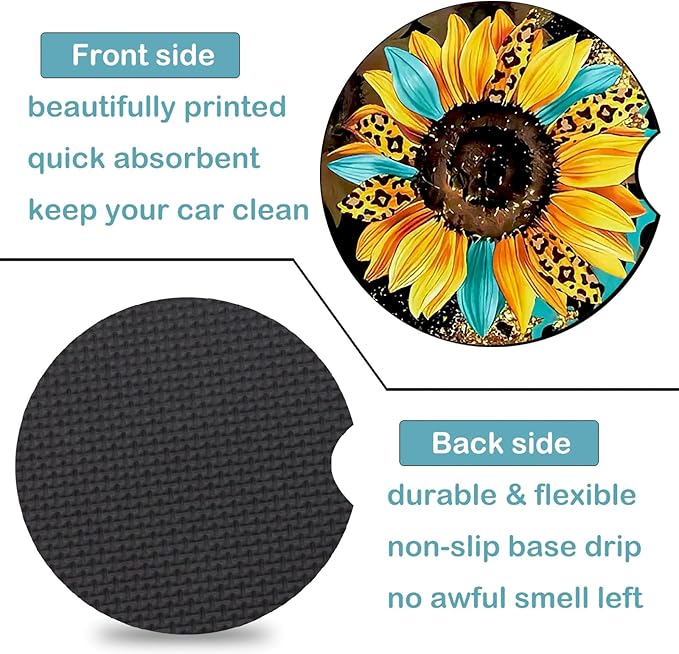 Car Coasters for Cup Holders,2 Pack Sunflowers Leopard Car Cup Holder Coasters,2.75" Universal Size Anti Slip Rubber Mat,Sunflowers Gifts for Women,Mom,Her,Wife,Girlfriend