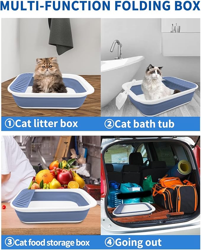 BNOSDM Collapsible Small Cat Litter Box for Kittens Open Potty Pan Foldable Cat Toilet with Scoop Senior Kitty Travel Shallow Litters Boxes Anti-Splash Waterproof Blue 17.7"×13.4"