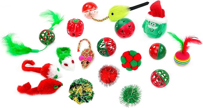 CHIWAVA 17 Pack Christmas Cat Toy Bag Set Assorted Toys Variety Pack Kitten Interactive Play