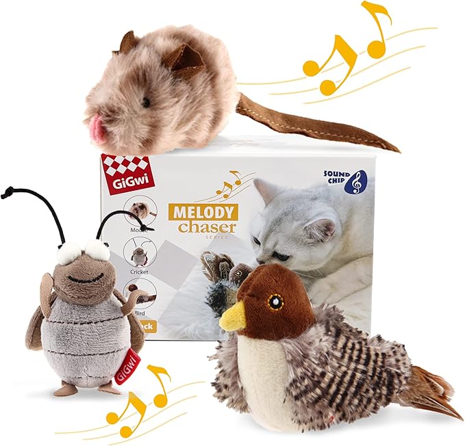 Gigwi Automatic Cat Toys Pack, Interactive Cat Toys Electronic Squeaky Animals Bird/Cricket/Mouse Sounds, Plush Toys for Cats to Play Alone, Play and Squeak Cat Toys for Indoor Cats Boredom,3 Pcs