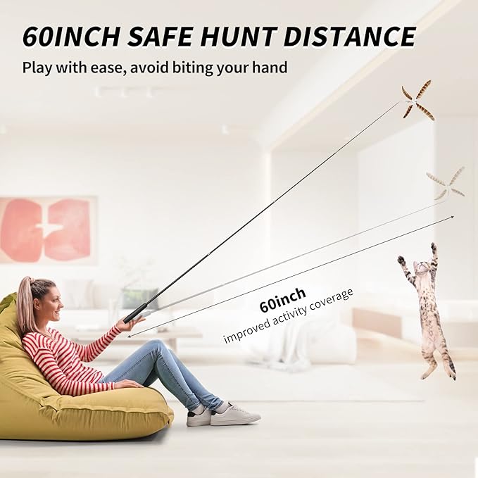 uahpet Natural Feather Cat Toys for Indoor Cats Retractable Kitten Wand 60inch Safe Hunting Distance Interactive Toys for Kittens with 4Pcs Senses Replacement Teasers Arouse Desire to Hunt