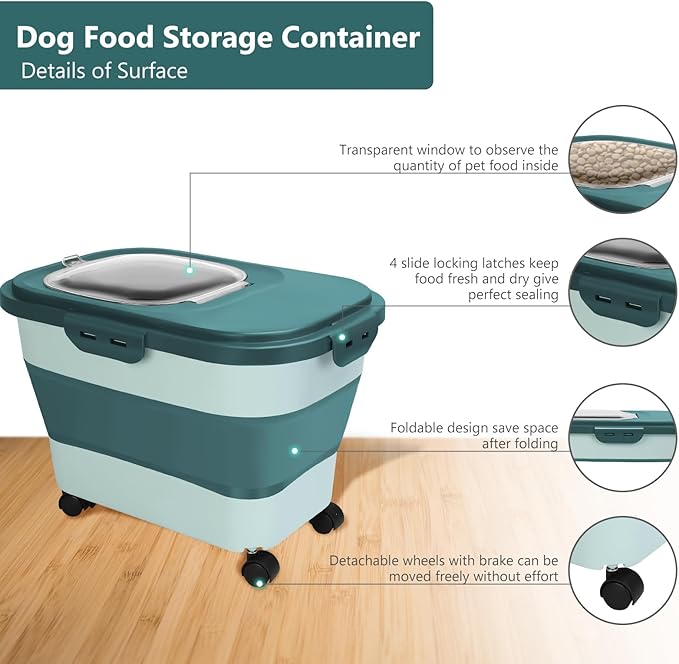 2 PCS Dog Food Storage Containers 15-20 Lbs Collapsible Dog Food Storage Container - with Measuring Cup &Scoop(Green+Green)