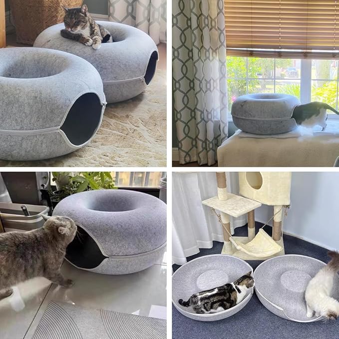 Cat Tunnel Bed, 2-in-1 Cat Donut Tunnel Bed for Indoor Cats Scratch Resistance & Washable & Detachable Round Felt Cat Cave Bed All Seasons (24 Inch, Dark Grey)