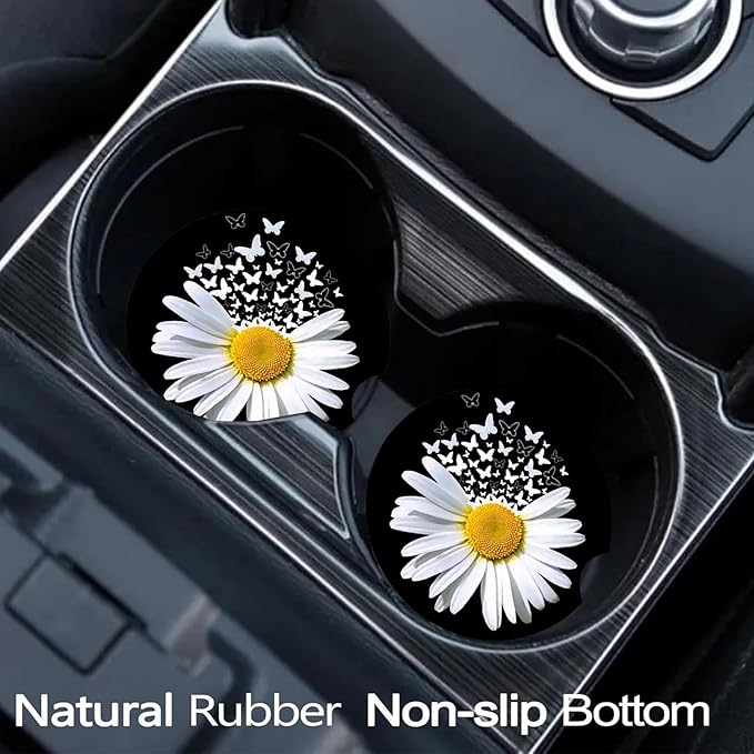 Car Coasters for Cup Holders,2 Pack White Daisy Butterfly Car Cup Holder Coasters,2.75" Universal Size Anti Slip Rubber Mat,Automotive Cup Holder Decal Decor Accessories,Daisy Gifts for Women,Men