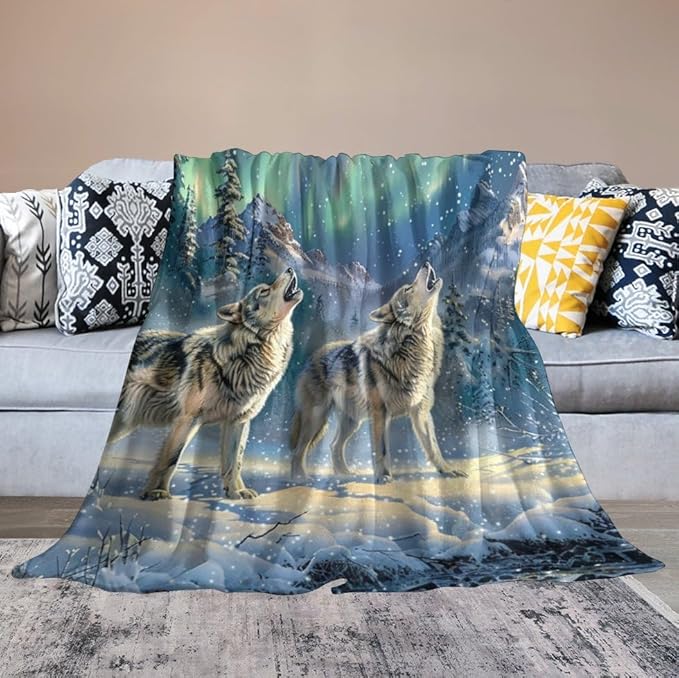 Wolf Aurora Borealis Blanket - Gifts for Girls, Boys, Women, Kids, Wolf Lovers - Soft Warm Fleece Flannel Plush Throw for Bed, Sofa, Couch - 40"x50"