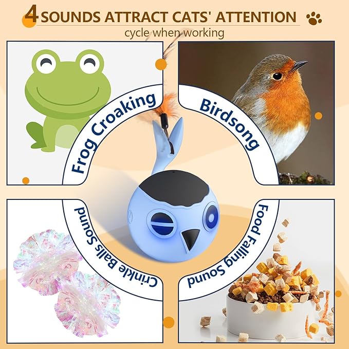 ORSDA Cat Toys, Interactive Cat Toys for Indoor Cats Automatic Moving Ball Bird for Bored Indoor Adult Cat Kitten Toys Ball, Motion Activated Fast Moving Chirping Stimulating Light, 2 Tails (Blue)
