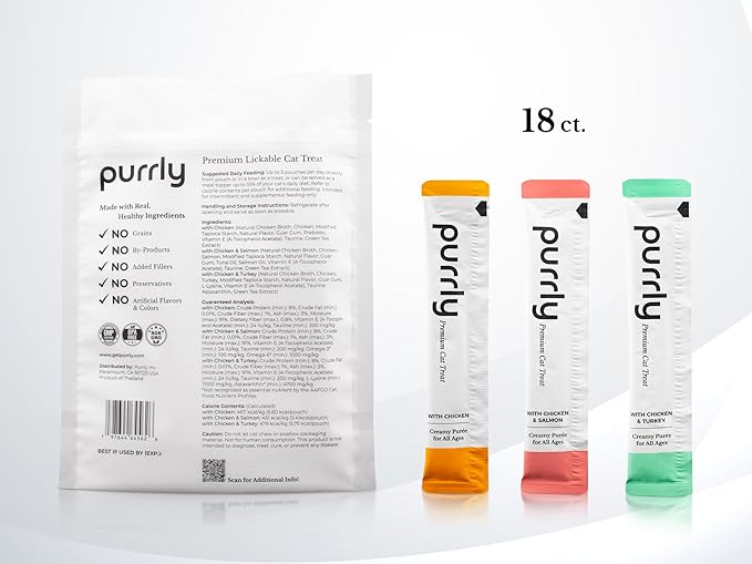 Purrly Lickable Wet Cat Treats Healthy Grain-Free Chicken Variety Pack (18 Count) Squeezable Creamy Purée with Human-Grade Protein Sources and Functional Nutrients Non-GMO No-Artificial-Additives