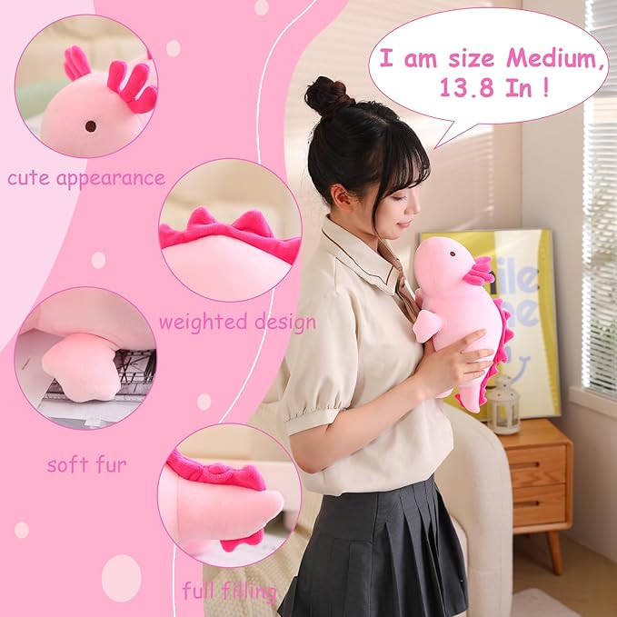 SQEQE Weighted Axolotl Plush Toy, Pink Axolotl Stuffed Animals Cute Plush Pillow, Cute Weighted Stuffed Animals Gifts for Girls & Boys Pink 13.8 Inch, 1.6 Lbs