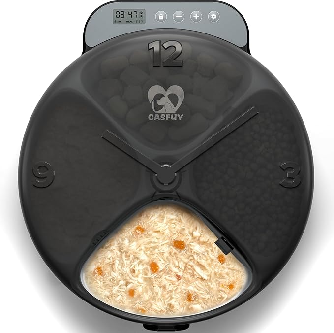 Casfuy Battery-Operated Automatic Cat Feeder - Whisker Friendly Automatic Cat Food Dispenser for Wet Dry Food Cordless 4-Meal Auto Feeder for Cats Small Dogs with Programmable 12H/24H Format Timer