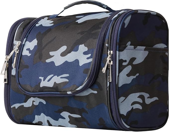 Buruis Large Capacity Toiletry Bag for Women and Men, Hanging Toiletry Organizer Cosmetics Makeup Bag, Water-resistant Dopp Kit Shaving Bags for Full Sized Toiletries, Travel Essentials (Camo Blue)