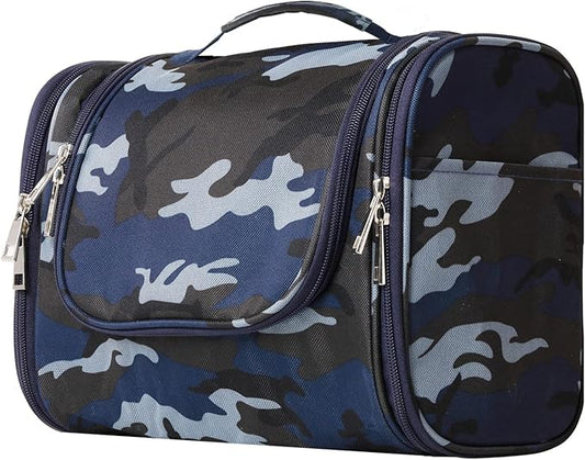Buruis Large Capacity Toiletry Bag for Women and Men, Hanging Toiletry Organizer Cosmetics Makeup Bag, Water-resistant Dopp Kit Shaving Bags for Full Sized Toiletries, Travel Essentials (Camo Blue)