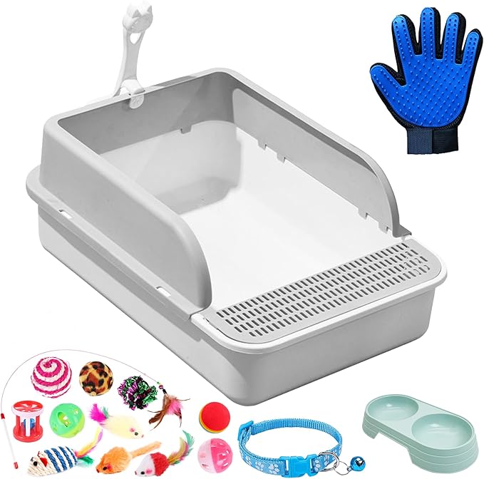 BNOSDM Sifting Litter Box Open Cat Litter Box with High Sides Detachable Kitten Toilet Semi-Enclosed Litter Tray Pan with 16 Piece Kitten Starter Kit for Small Cat Kitty, Grey