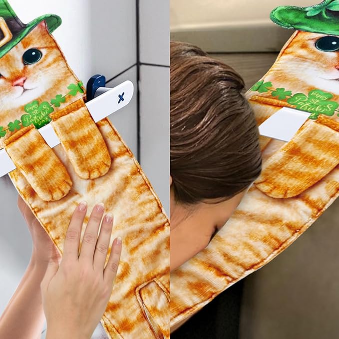 St Patrick Day Cat Hand Dish Towels- Shamrock Garland St Patricks Day Decorations Decor for Home Kitchen Bathroom-Unique Housewarming Mothers Birthday Gifts for Women Cat Lovers