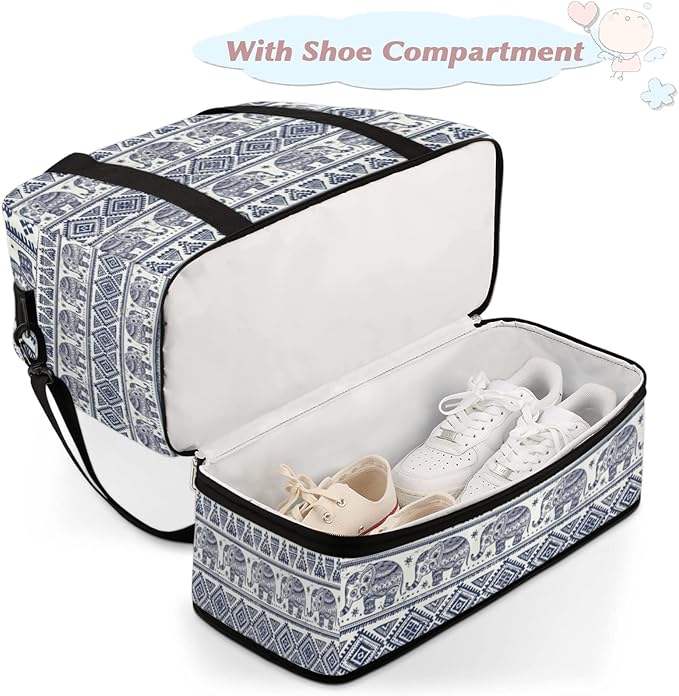 Bohemian Ethnic Elephant Foldable Travel Duffel Bag Tote Carry On Luggage Sports Gym Bag With Shoe Compartment For Woman Man Overnight Weekend Yoga Workout Bag Training Handbag