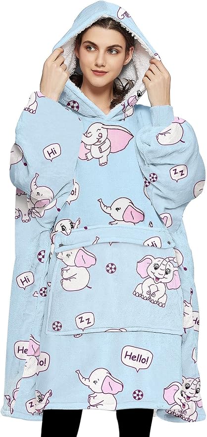 KFUBUO Wearable Blanket Hoodie for Adults Sherpa All Patterns Elephant Oversized Sweatshirt Blanket with Pockets Cute Hoodies Gifts for Women