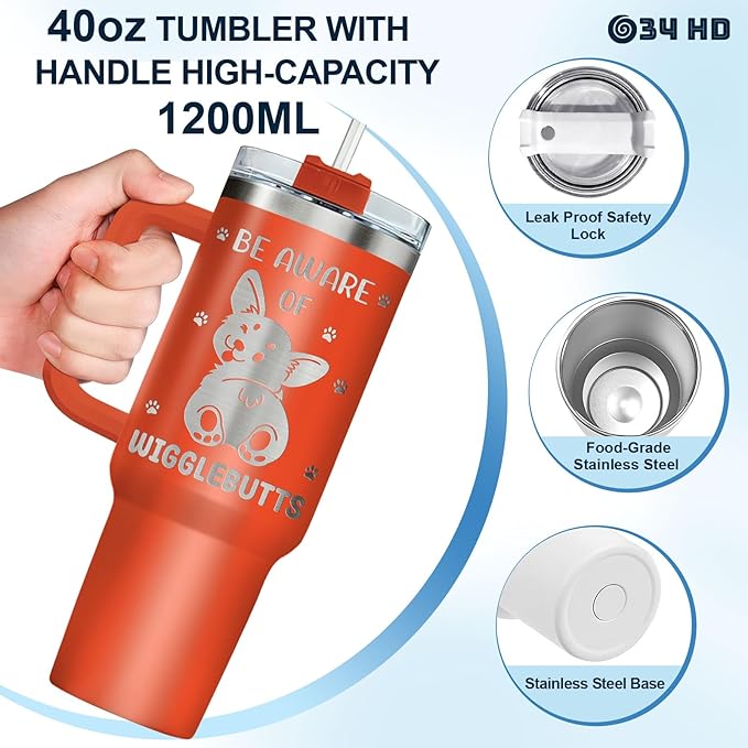 34HD Corgi Tumbler with Handle and Straw, 40oz Dog Mom Stainless Steel Coffee Mug with Lid, Beware of Wigglebutts Cup, Corgi Mom Gifts for Friends Sisters Daughter Aunt